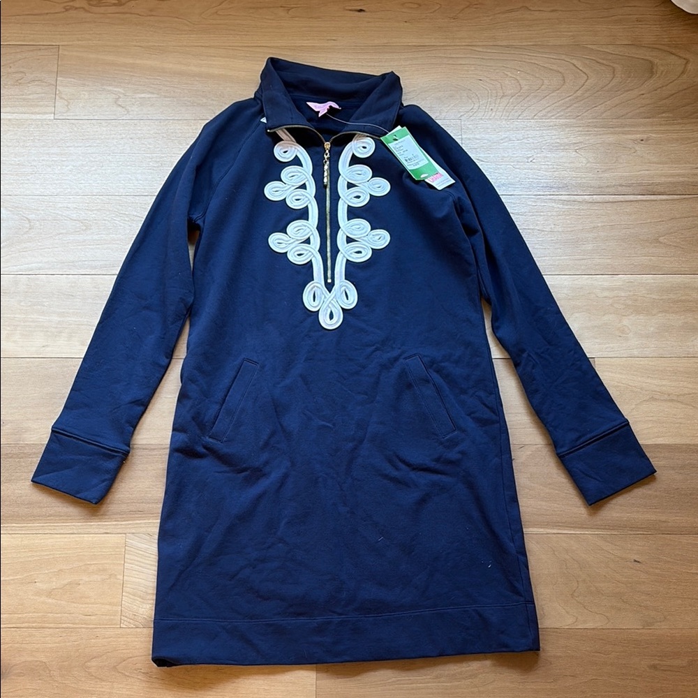 Navy Dress with White Embroidery